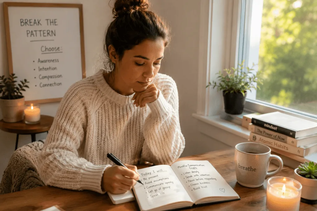 Person journaling to build mindful communication habits and break gossip patterns