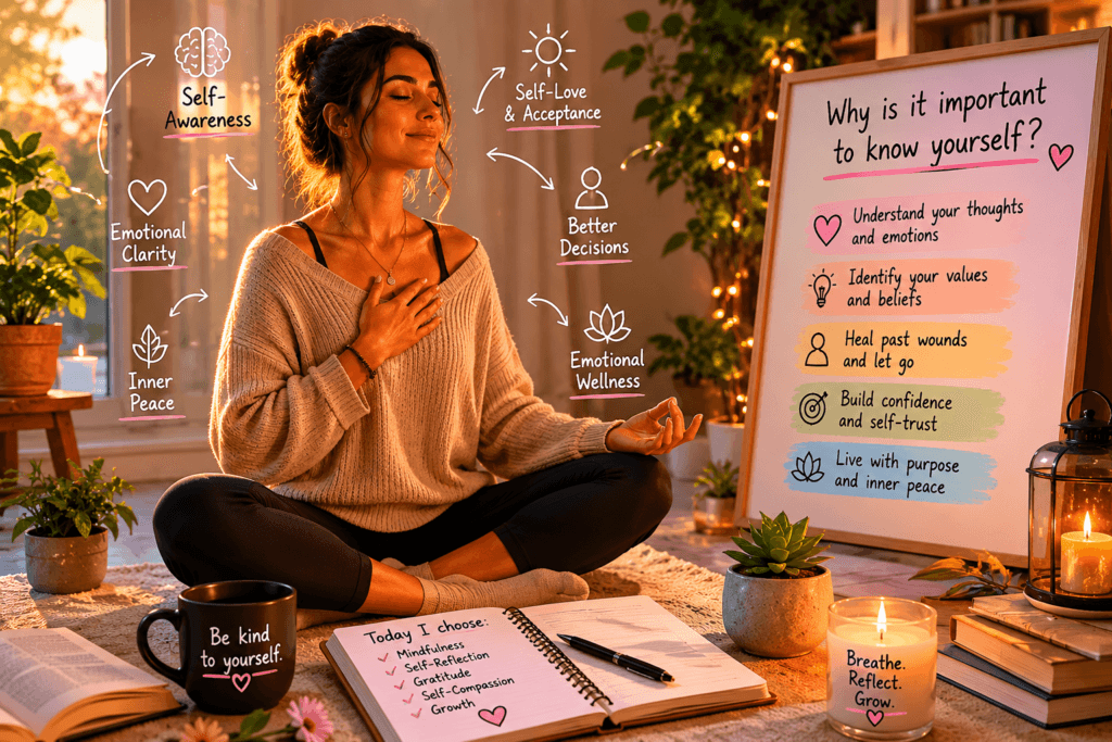 Person sitting quietly in meditation practicing self-knowledge and emotional self-insight daily