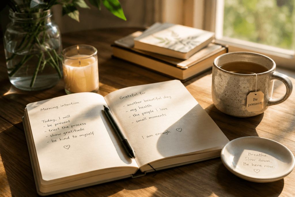 Intentional morning routine with journal and tea for present moment awareness