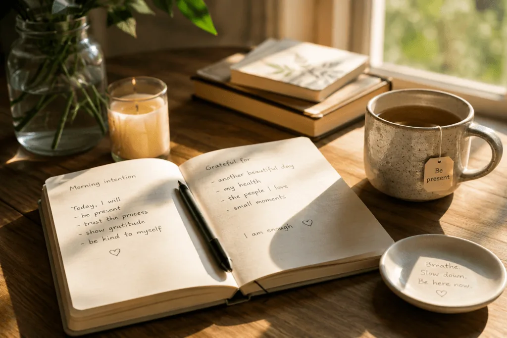 Intentional morning routine with journal and tea for present moment awareness
