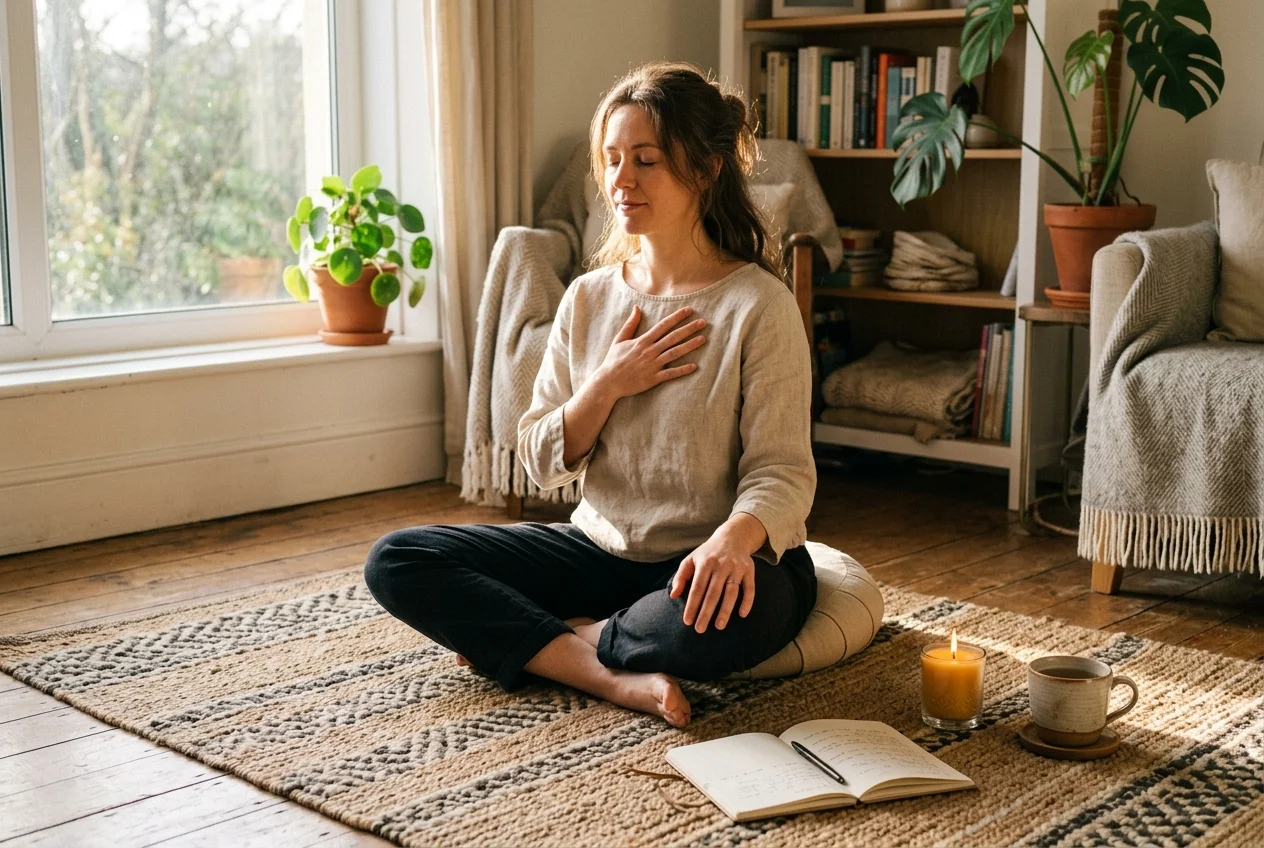 A person sitting calmly by a window with a hand resting on their chest