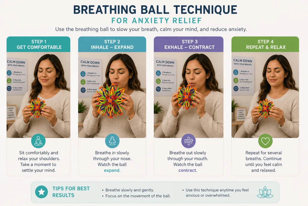 Four-step breathing ball technique for anxiety relief: get comfortable, inhale as the ball expands, exhale as it contracts, then repeat and relax