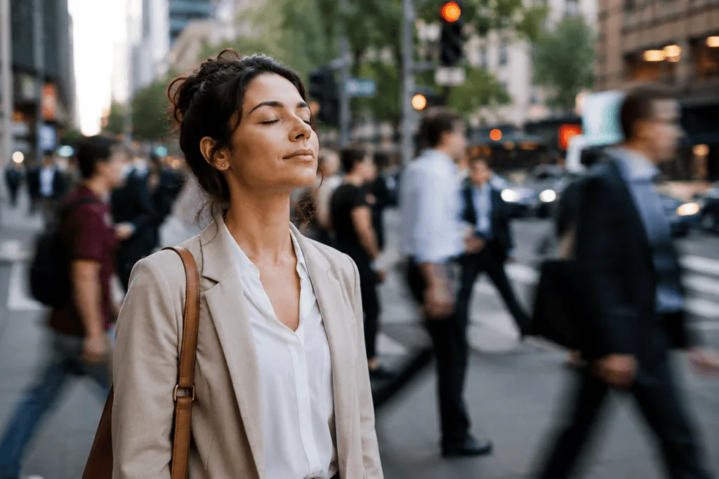 Mindfulness for Type A personality woman pausing in a busy urban environment