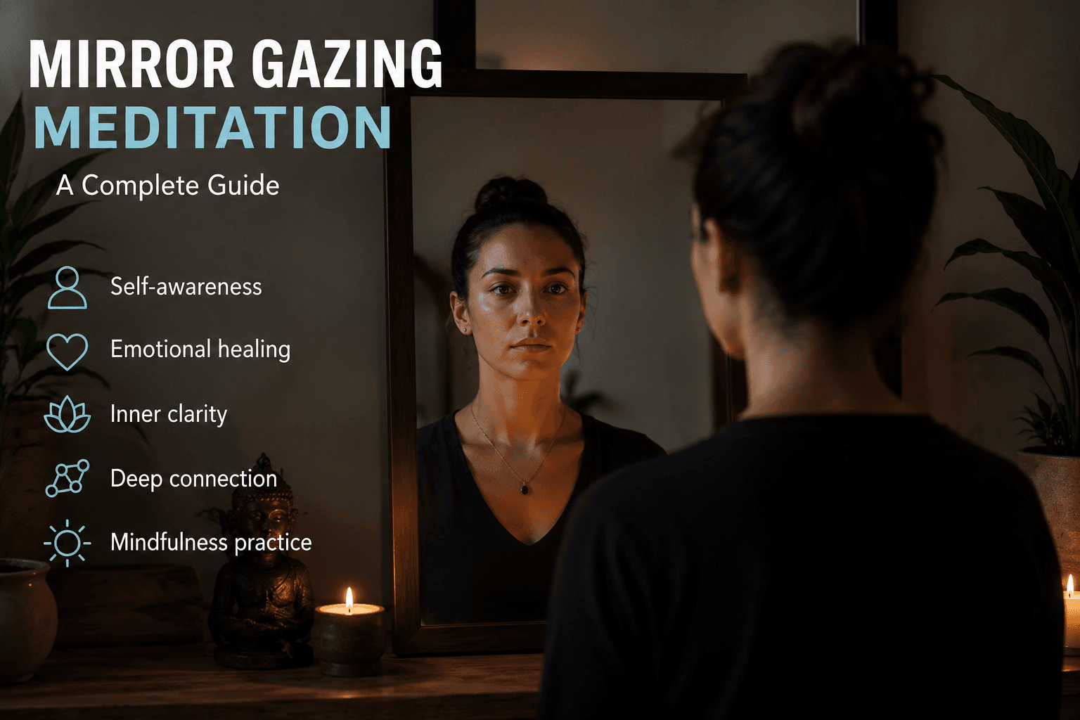 Alt Text: Person practicing mirror gazing meditation in a dimly lit room for mindfulness and self-reflection