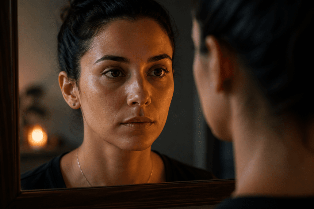 Alt Text:
Woman using mirror gazing for emotional awareness and self-compassion
