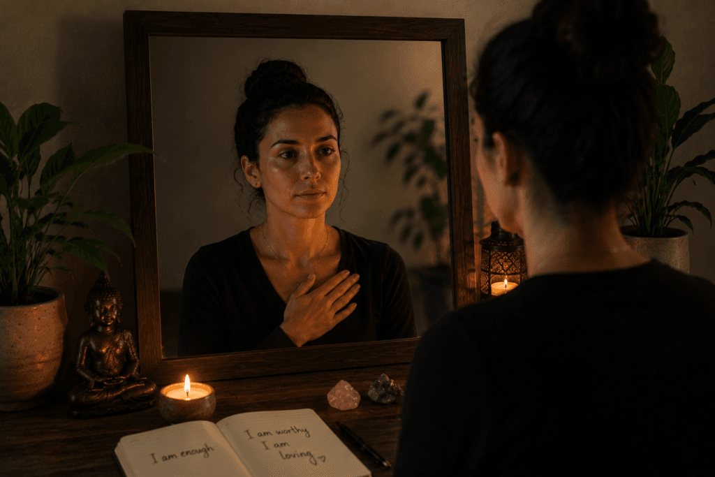 Alt Text:
Woman using mirror gazing for emotional awareness and self-compassion