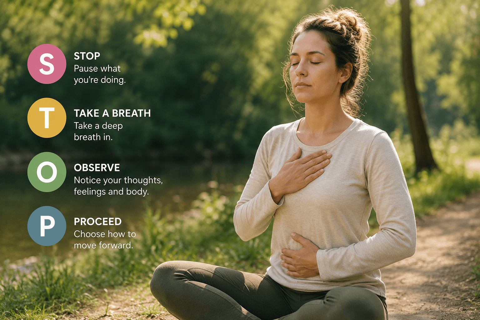 Person practicing the STOP method mindfulness technique outdoors