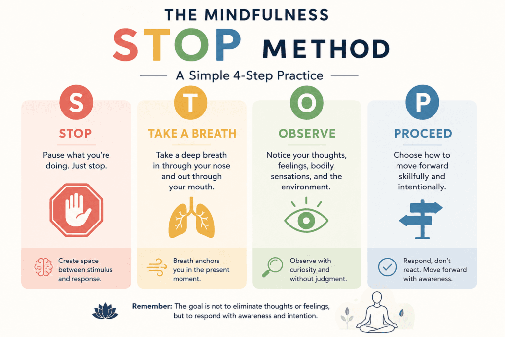 Infographic showing the four steps of the mindfulness STOP method