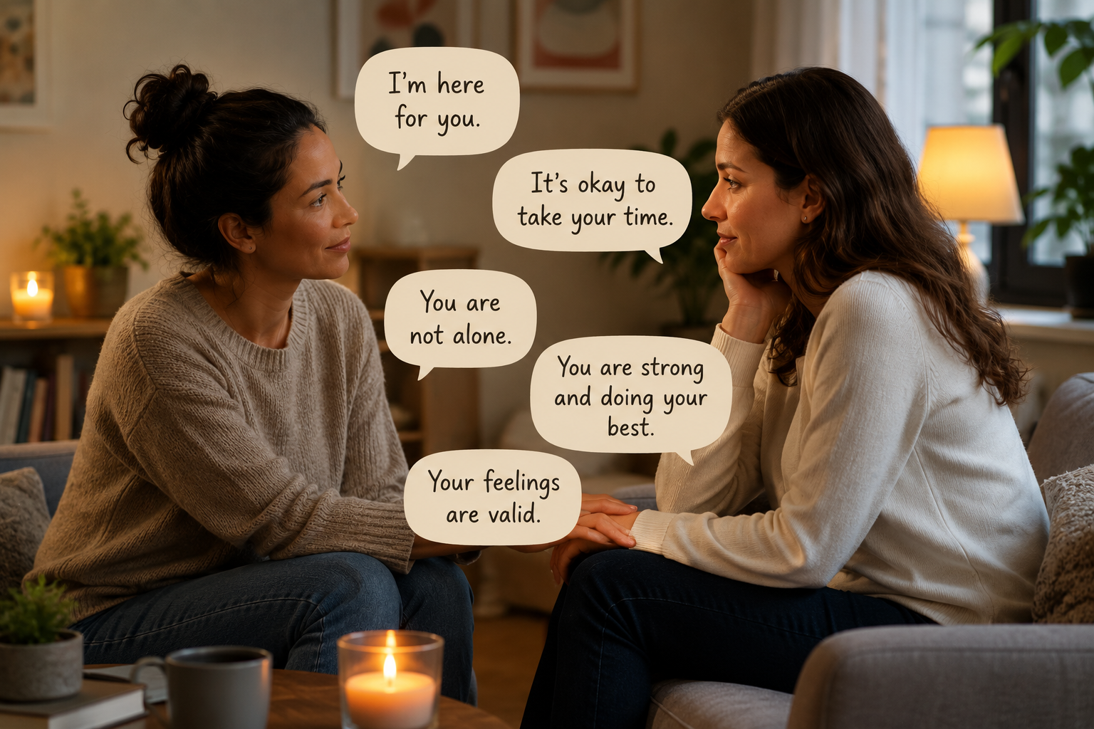 two people sharing phrases of compassion during a supportive conversation