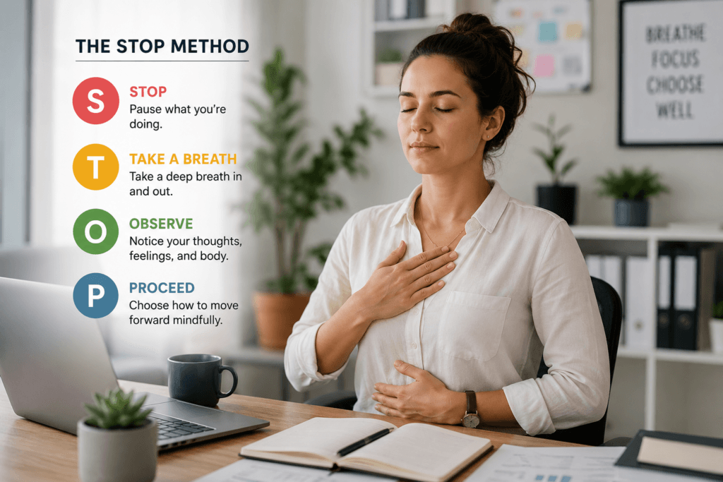 Woman pausing at desk using the STOP method to manage workplace stress