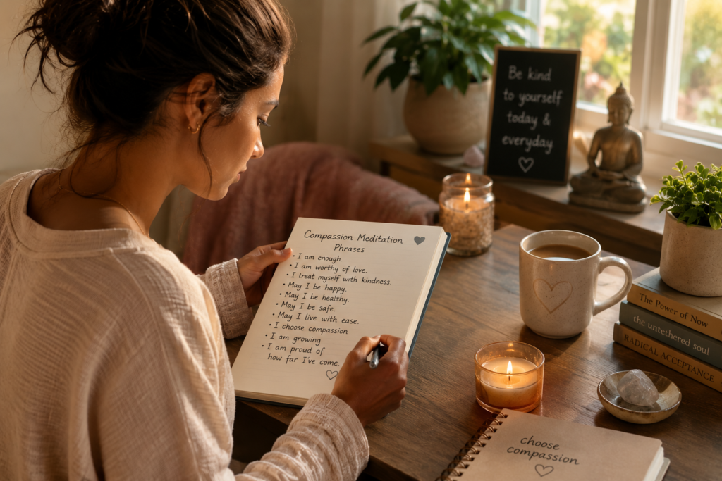 Person journaling compassion meditation phrases during morning practice