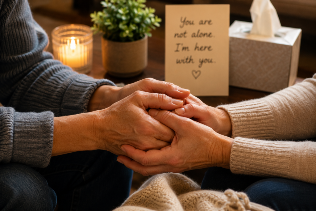 Hands held in comfort representing phrases of compassion in grief support