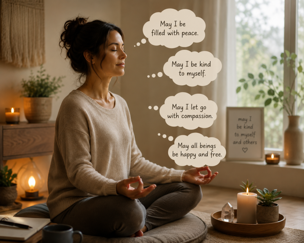 Woman in meditation posture silently reciting compassion meditation phrases