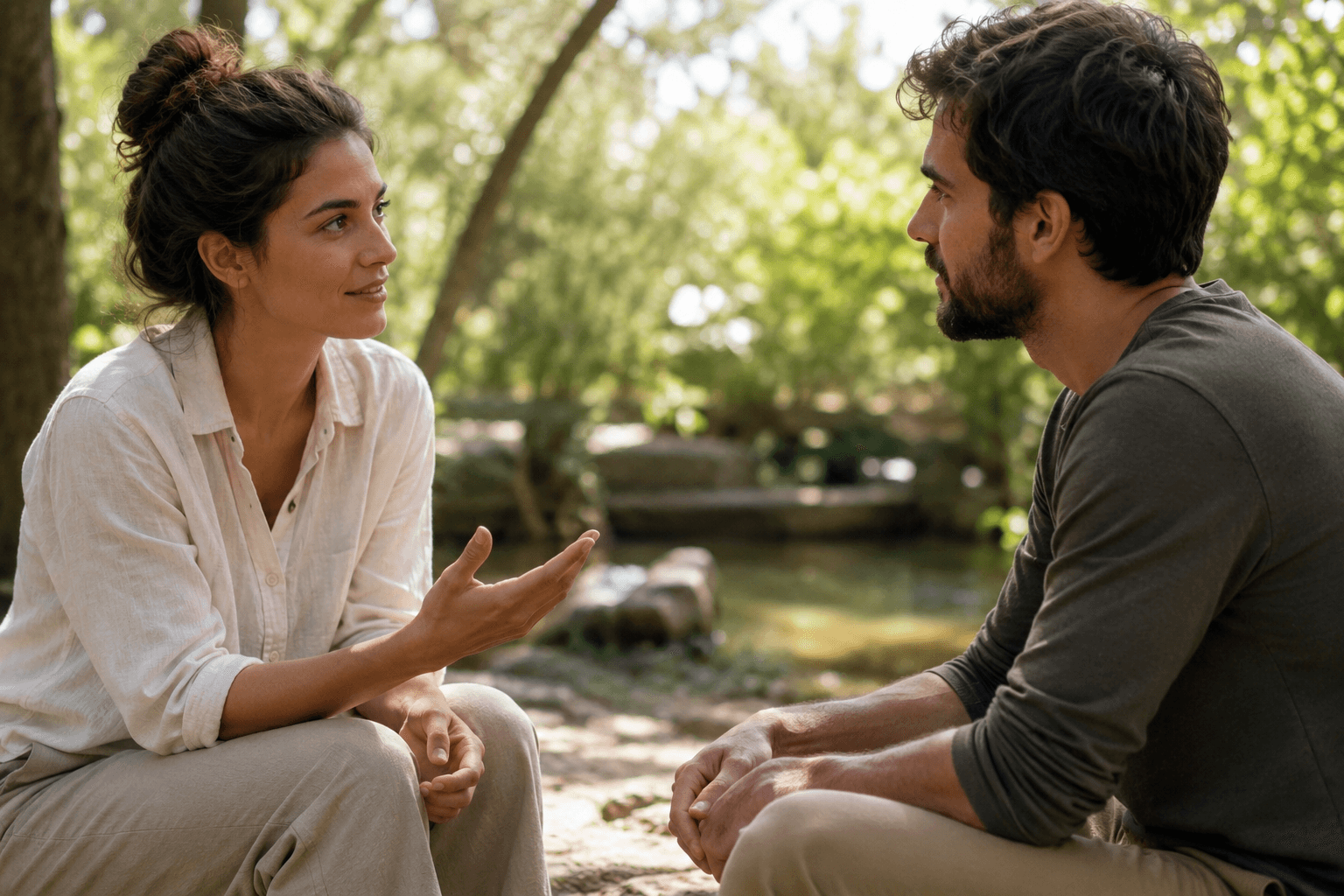 Two people practicing mindful communication in a calm outdoor setting