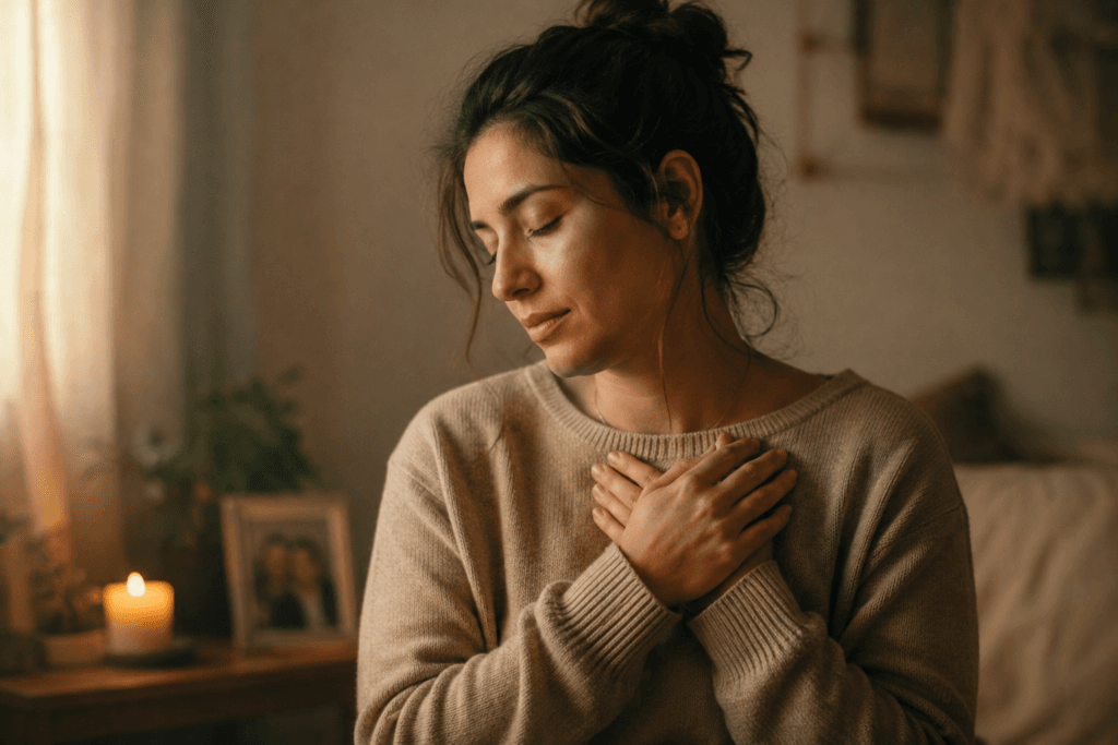 grief and love mindfulness practice with hands over heart