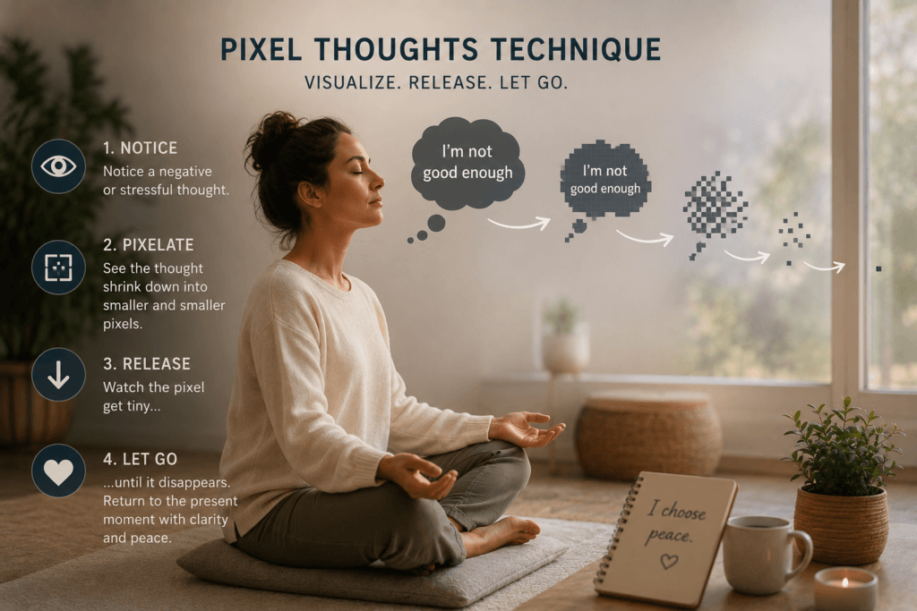 mindfulness visualization showing a thought shrinking to a pixel and disappearing