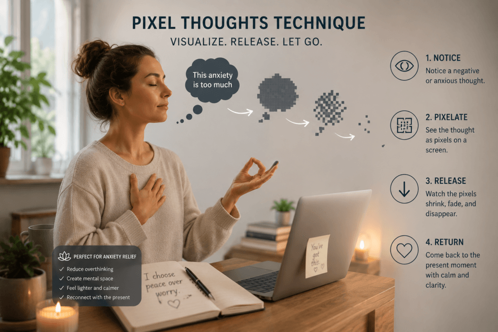 woman practicing pixel thoughts meditation for anxiety relief at her desk