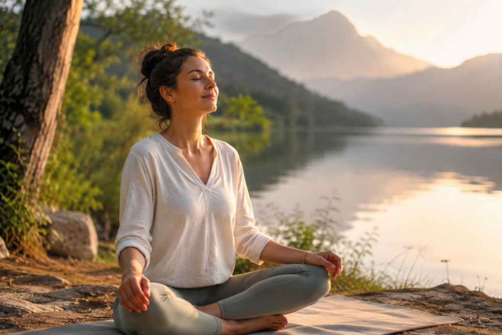 Woman practising mindful breathing naturally during peaceful outdoor meditation