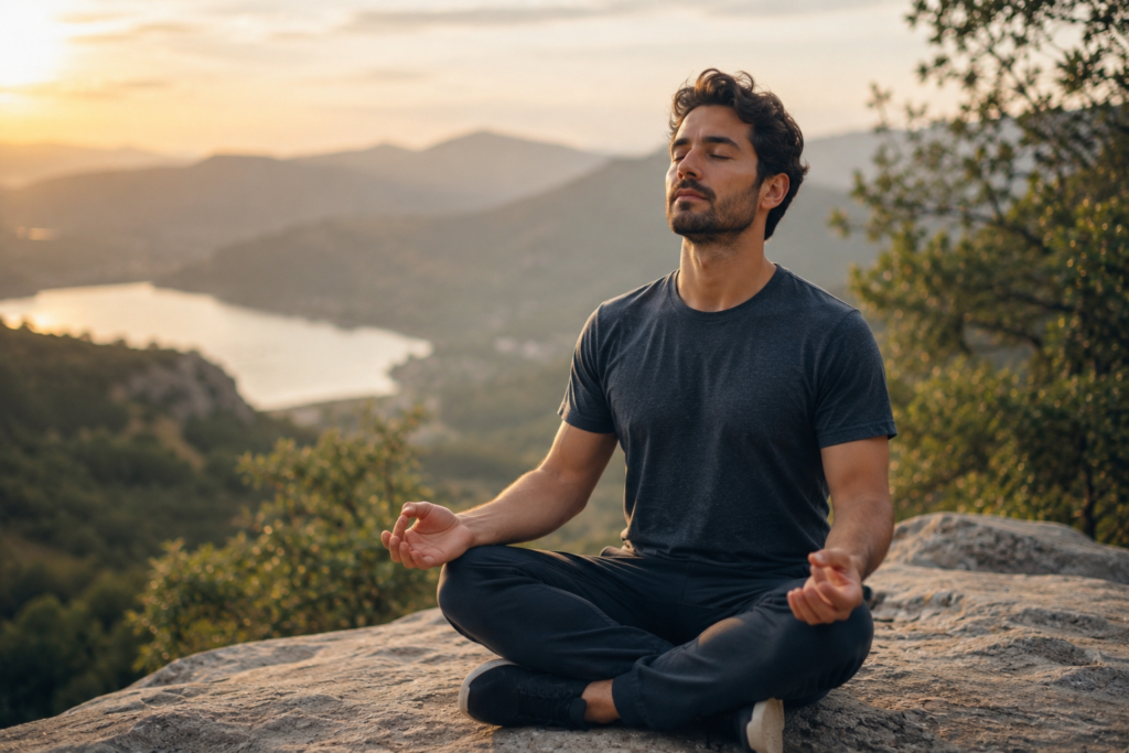 Man sitting in meditation posture learning how to stop focusing on his breathing