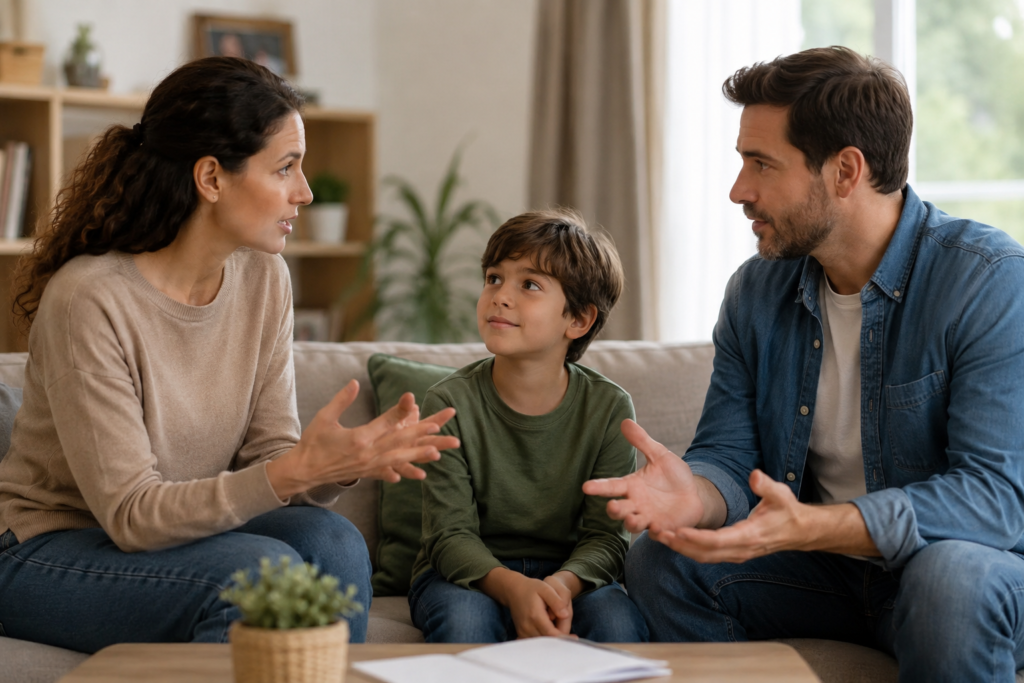 Family in calm conversation showing healthy conflict resolution for children