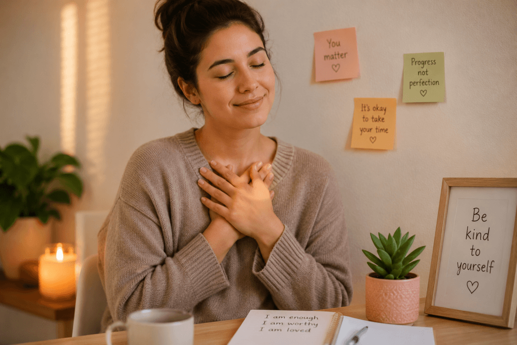 Woman practicing self-compassion and learning how to be kind to yourself