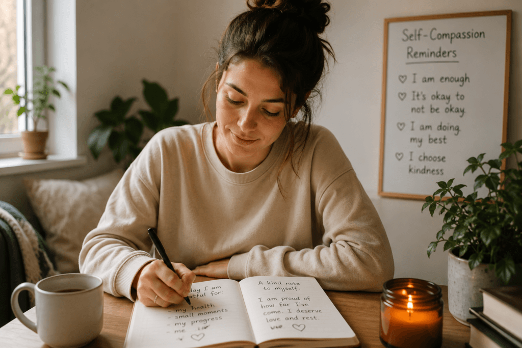Person journaling as a self-compassion exercise for emotional healing