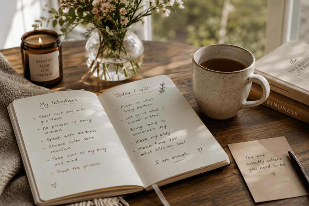 Open journal with written intentions and a cup of tea representing mindful morning routine