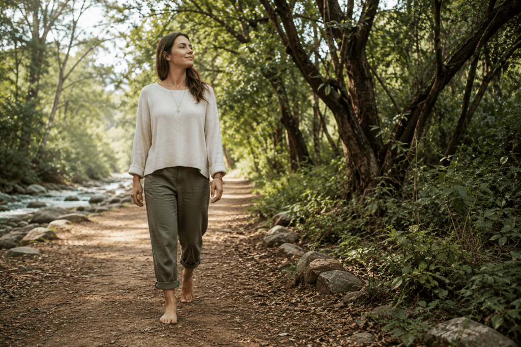 Person walking barefoot in nature while practicing mindfulness and consciously focusing on the present moment