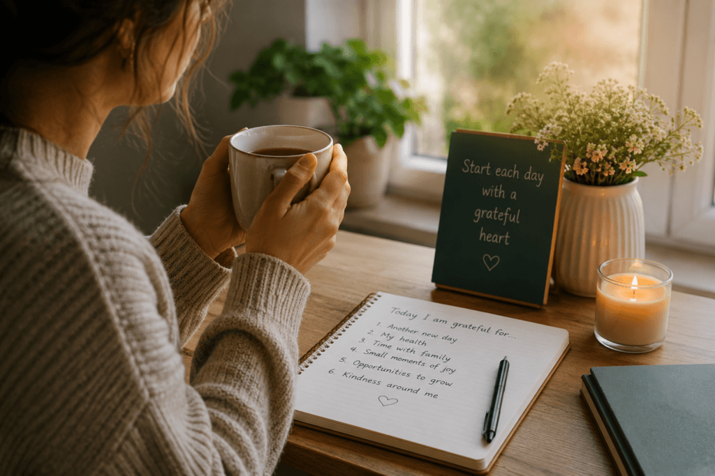 Person holding a cup of tea while practicing a morning gratitude ritual to reduce stress and anxiety