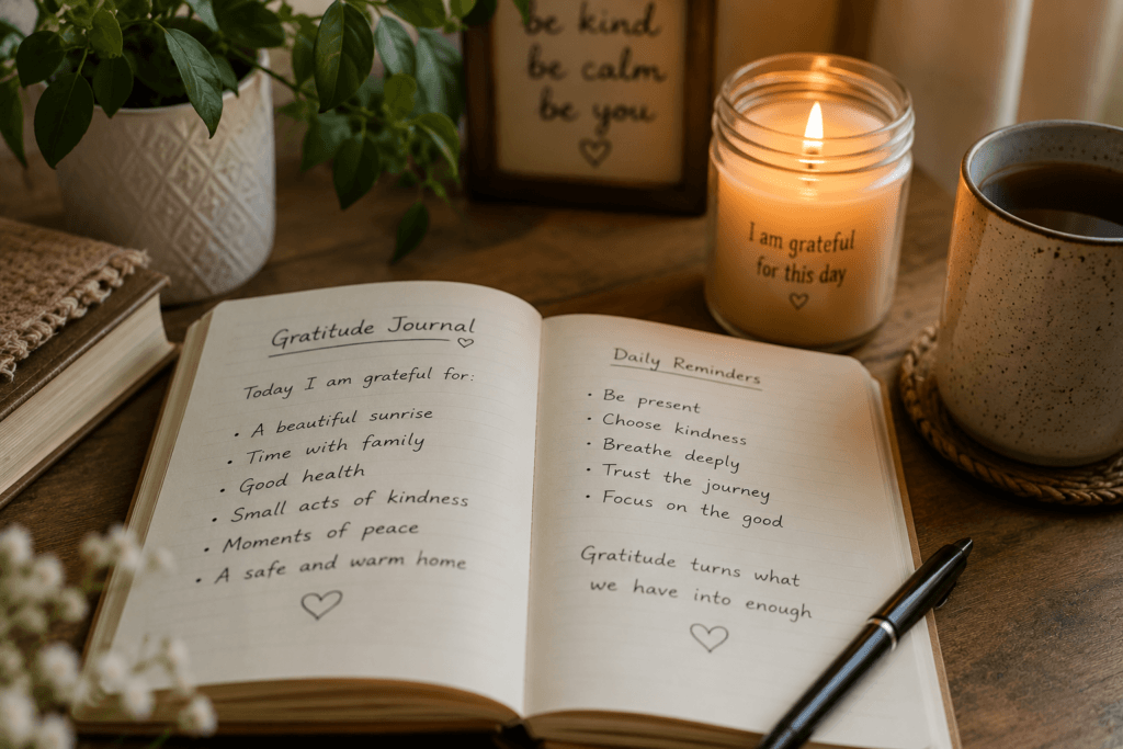 Open gratitude journal with handwritten notes and a candle representing daily mindfulness practice
