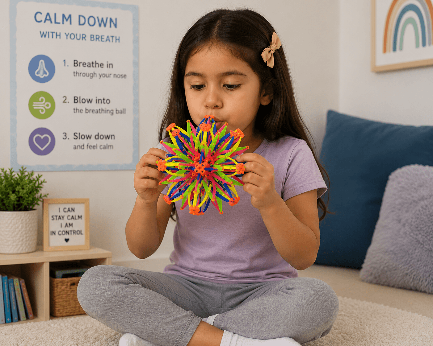 Colorful breathing ball technique demonstration for anxiety relief and guided breathing exercises