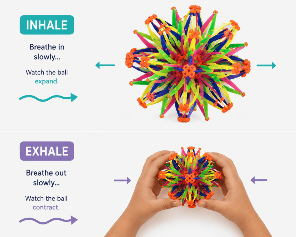 Colorful breathing ball expanding and contracting for guided visual breath control exercises