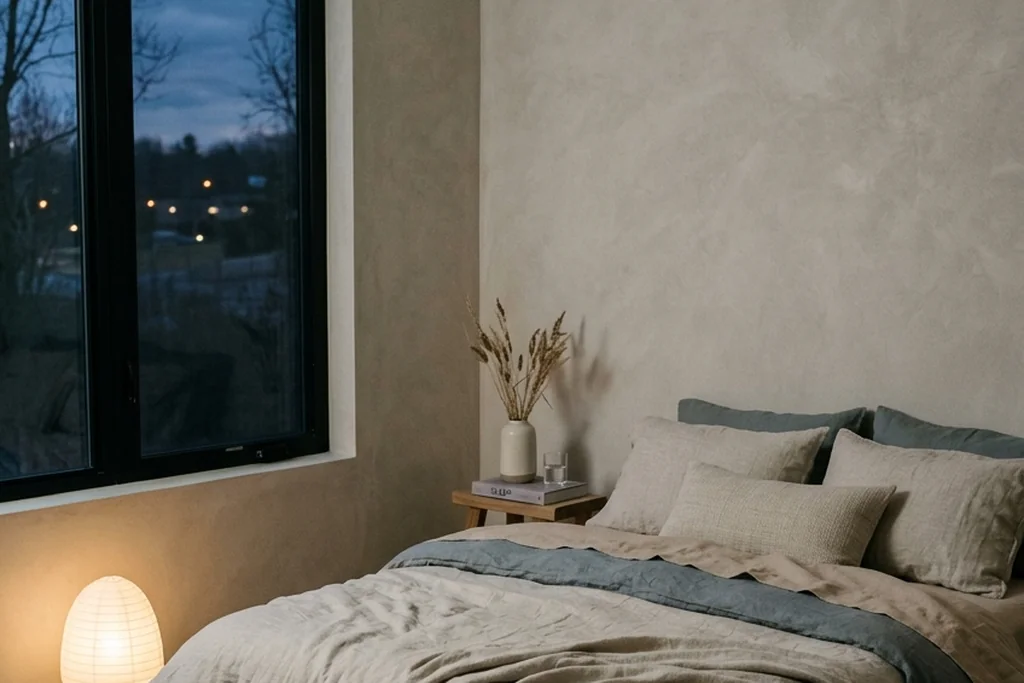 A minimalist peaceful bedroom bathed in evening twilight with natural rumpled linen bed sheets and warm dim ambient glow.