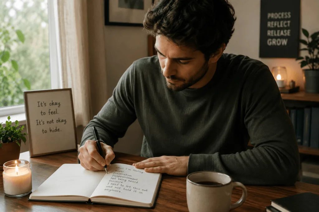 Man journaling to process bottled-up anger and emotional suppression