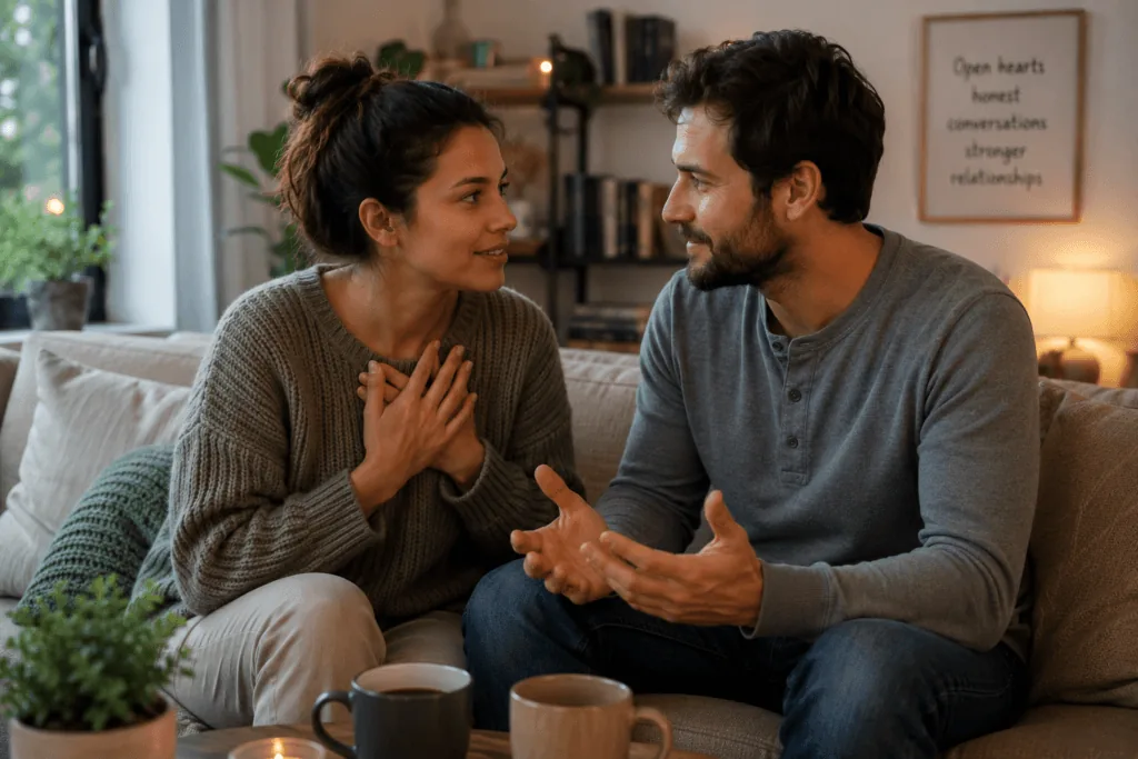 Couple communicating openly after learning to stop bottling up emotions