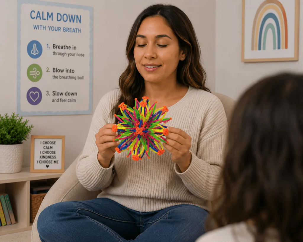 Adult using a colorful breathing ball during a guided mindfulness and anxiety relief session