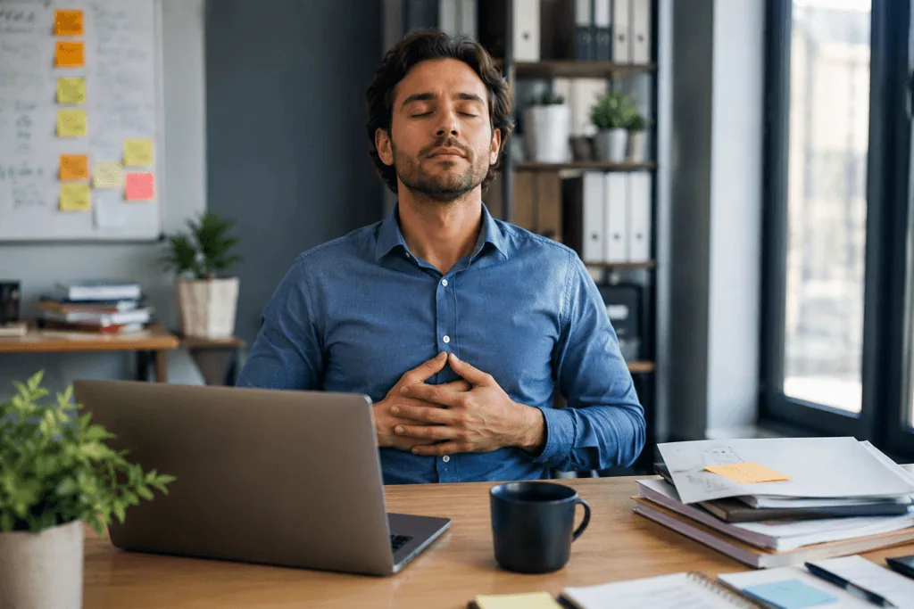 Man practicing present moment awareness at his desk during a busy workday