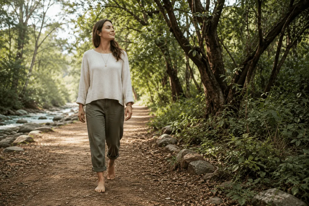 Person walking barefoot in nature while practicing mindfulness and consciously focusing on the present moment