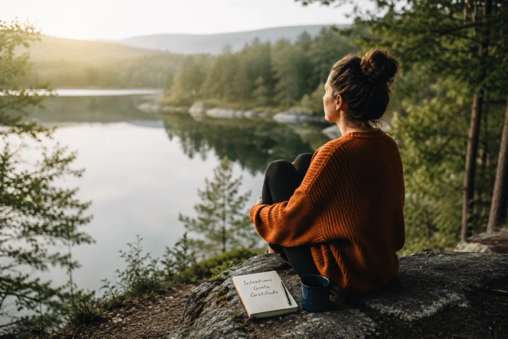 Person sitting quietly in nature reflecting on personal intentions and meaningful goals