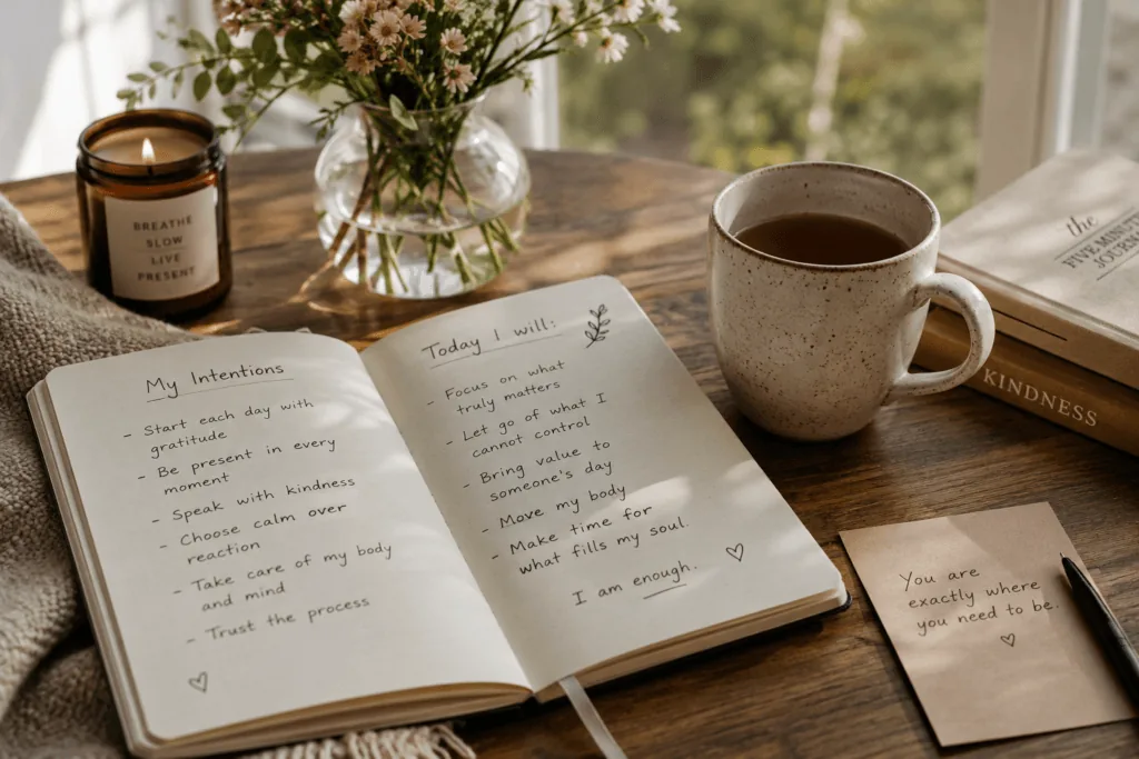 Open journal with written intentions and a cup of tea representing mindful morning routine