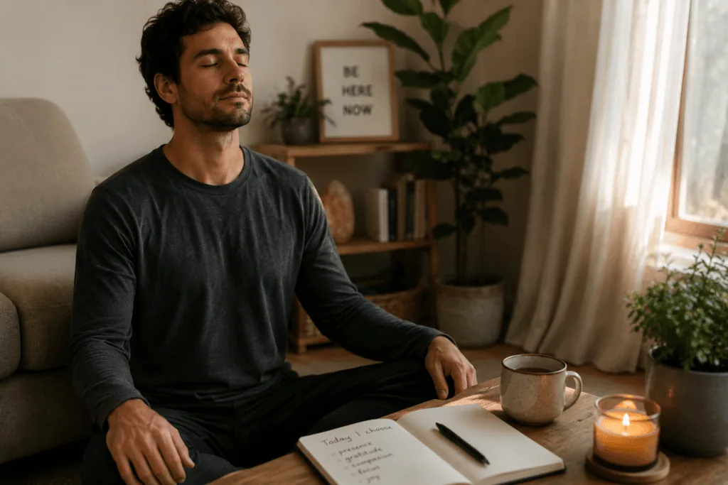 Calm man practicing intentional living with eyes closed in a peaceful indoor setting