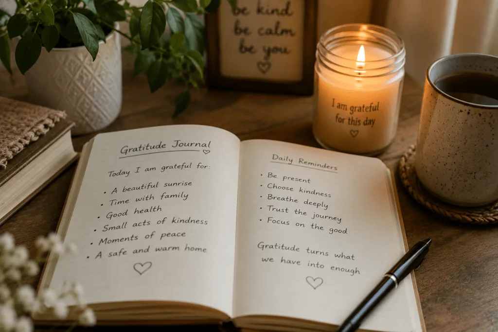 Open gratitude journal with handwritten notes and a candle representing daily mindfulness practice