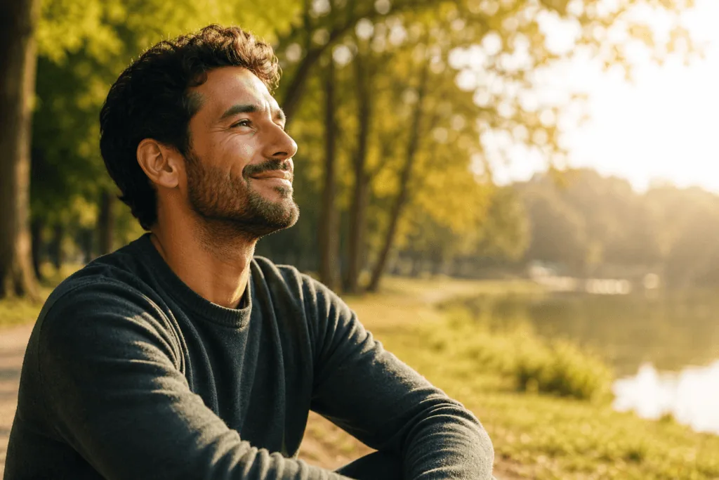 Man smiling peacefully outdoors, feeling grateful for small everyday moments that support emotional wellness