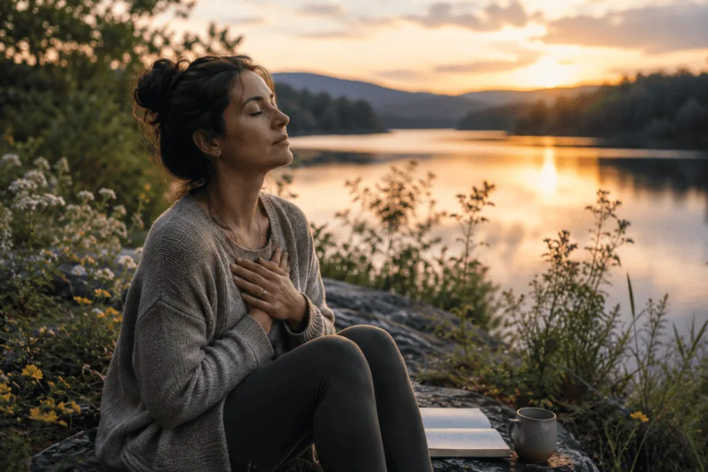 woman in nature processing grief and love through mindful reflection