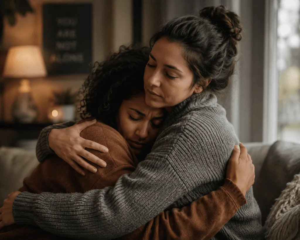 two people embracing in comfort representing coping with grief and love