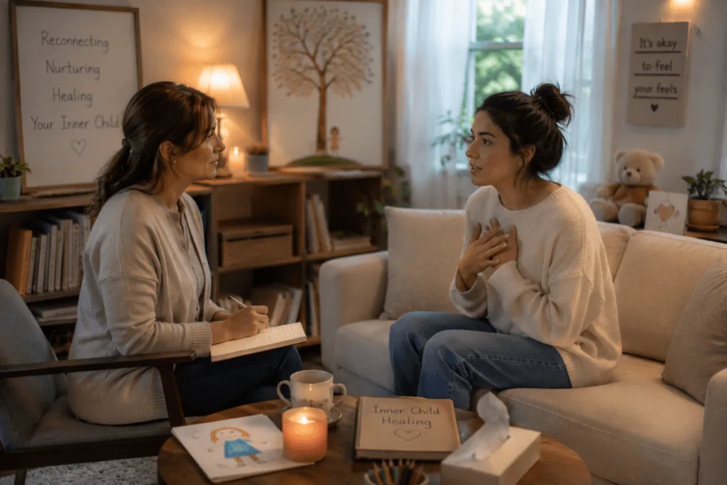 Therapist and client working through healing the inner child in a calm setting