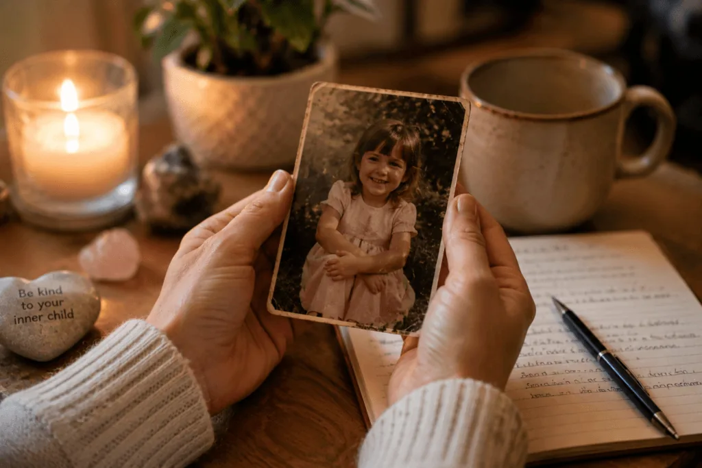 Hands holding a childhood photo representing inner child healing and self-compassion