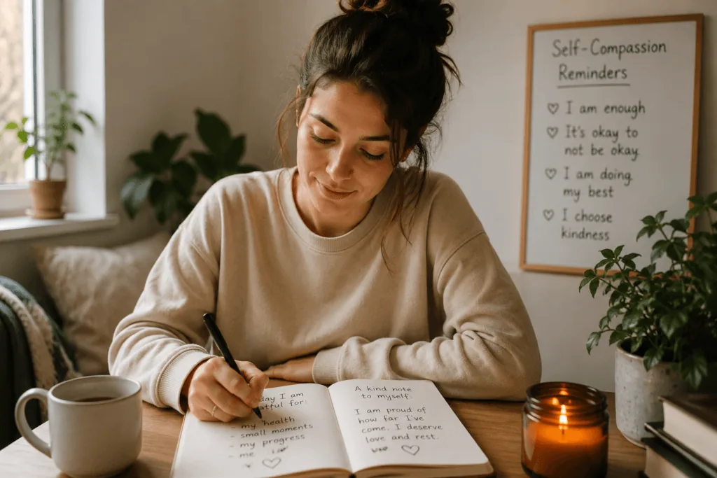 Person journaling as a self-compassion exercise for emotional healing
