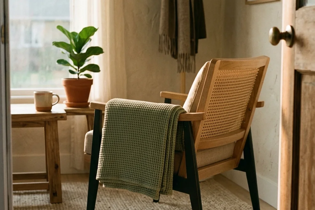 Warm late-afternoon 35mm photograph of a peaceful living room with a woven wool rug, wooden chair with sage throw, and golden sunset light.