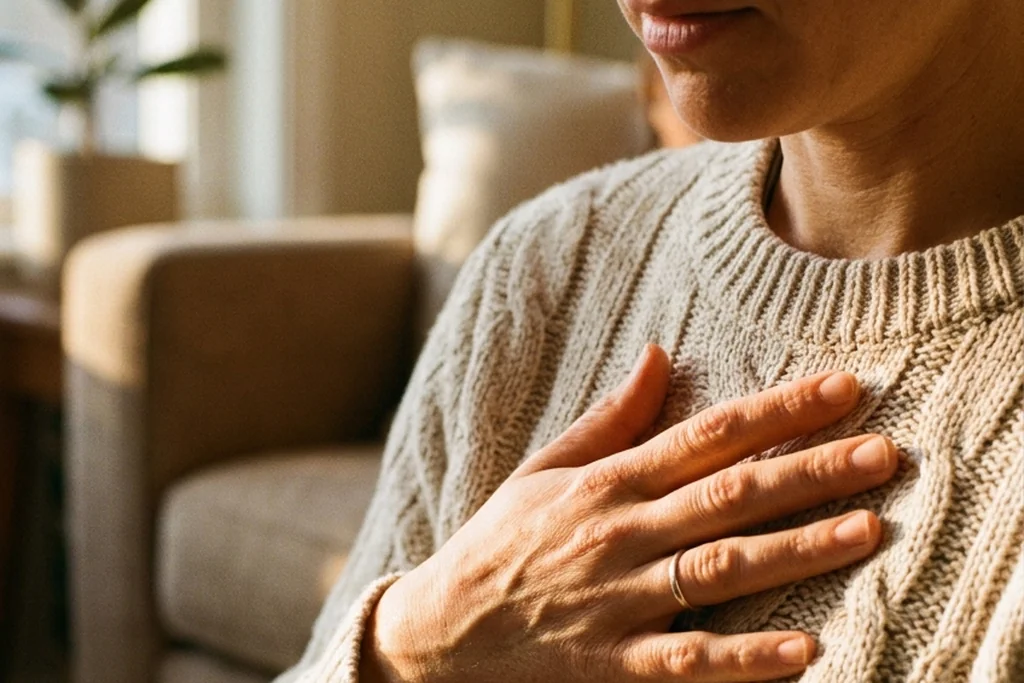 A gentle hand resting with compassion over the heart and chest in warm dawn light, facilitating emotional somatic release.